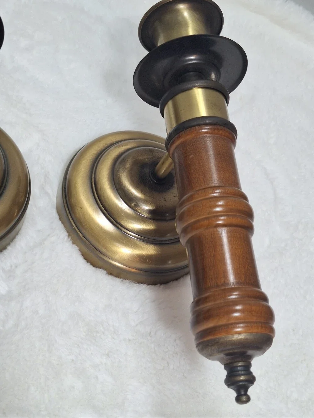 Vtg Set Of 2 Homco Wood & Antique Brass Tone Wall Sconces Candlestick Holders